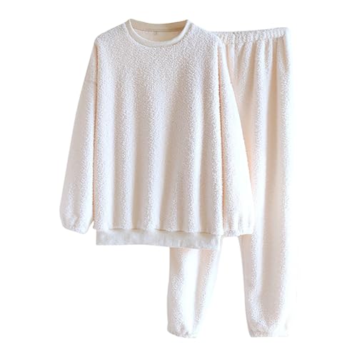 Schlafanzug Damen Lang Warmer Nachtwäsche Frottee Schlafanzug Elegant Homewear Kuschelig Flanell Pyjama Hausanzug Weiß L von SKFLABOOF