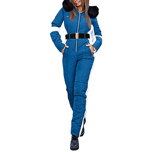 Schneeanzug Damen Thermo Overall Skianzug Einteiler Wasserdicht Skijacke Mit Kapuze Wintermantel Jumpsuit Elegant Warme Winter Thermohose Blau L von SKFLABOOF