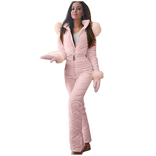 Skianzug Damen Einteiler Elegant Jumpsuit Warme Skijacke Winter Skihose Mit Kapuze Thermo Overall Rosa XL von SKFLABOOF