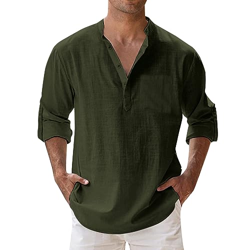 Sommerhemd Herren - Langarm Leicht und Luftig Bügelfrei Slim Fit Freizeithemd Sommer Lang Stehkragen Leinenhemd Baumwolle Herrenhemden Casual mit/Ohne Tasche Men Shirts F (001e AG, L) von SKFLABOOF