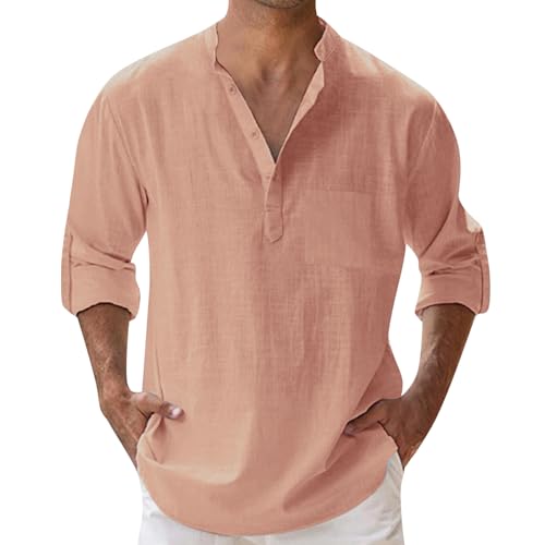 Sommerhemd Herren - Langarm Leicht und Luftig Bügelfrei Slim Fit Freizeithemd Sommer Lang Stehkragen Leinenhemd Baumwolle Herrenhemden Casual mit/Ohne Tasche Men Shirts F (001m Wassermelonenrot, L) von SKFLABOOF