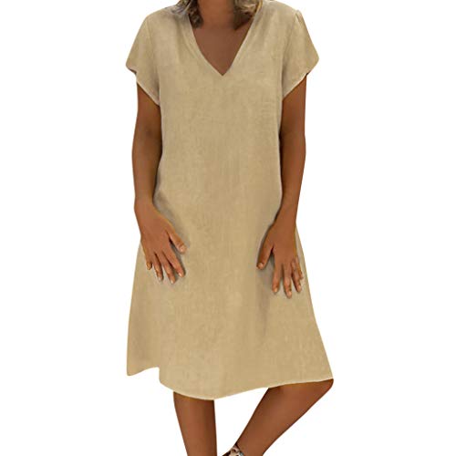 Sommerkleid Damen | Einfarbig Leinen Kleider Casual V-Ausschnitt Midikleid Kurzarm A-Linie Kleid Strandkleid Ohne Zubehör (001f Khaki, M) F von SKFLABOOF