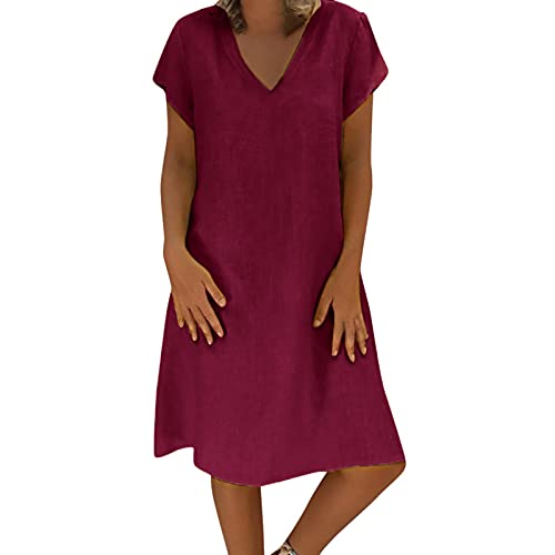 Sommerkleid Damen | Einfarbig Leinen Kleider Casual V-Ausschnitt Midikleid Kurzarm A-Linie Kleid Strandkleid Ohne Zubehör (001h Rot, 4XL) F von SKFLABOOF