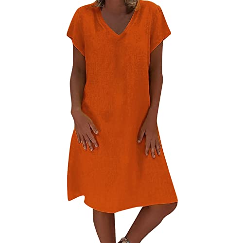 Sommerkleid Damen | Einfarbig Leinen Kleider Casual V-Ausschnitt Midikleid Kurzarm A-Linie Kleid Strandkleid Ohne Zubehör (001l Orange, L) F von SKFLABOOF