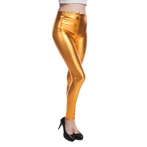 Sonne kostüm, Metallic Hose Damen Leggings Für Kostüm 80er Jahre Kleidung Karneval Pailettenhose Space Wetlook Glitzer Strumpfhose Gold, L von SKFLABOOF