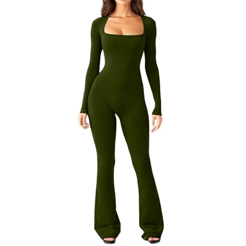 Sport Jumpsuits für Damen Eng Langarm Jumpsuit Nahtloser Overall Elastischer Bodysuit Figurformender Einteiler Sexy One Piece Bodycon Outfit für Yoga Fitness Gym Grün M von SKFLABOOF