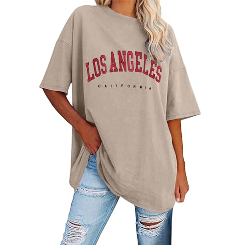 Sportshirt Damen Kurzarm Basic Shirt Oversized Tshirt Große Größen Bedrucken T-Shirt Locker Sommer Tops Damen Oberteile Elegant Khaki S von SKFLABOOF