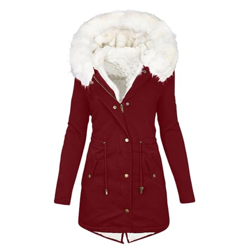 Steppjacke Damen Warmer Lang Winterjacke mit Kapuze Gefüttert Fleece Daunenjacke Baumwolle Softshellmantel Pufferjacke Langarm Casual Fleecejacke Wintermantel Outdoor Trachtenjacke 01 Rot 3XL von SKFLABOOF