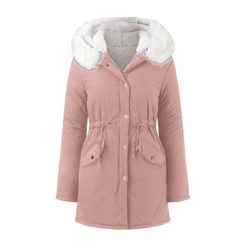 Steppjacke Damen Warmer Lang Winterjacke mit Kapuze Gefüttert Fleece Daunenjacke Baumwolle Softshellmantel Pufferjacke Langarm Casual Fleecejacke Wintermantel Outdoor Trachtenjacke Rosa 4XL von SKFLABOOF