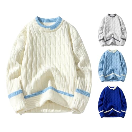 Strickpullover Herren Baumwolle Herrenpullover Grobstrickpullover Arbeitspullover Pullover Herren Ohne Kapuze Pärchen Winterpullover Sweater Weiß 3XL von SKFLABOOF