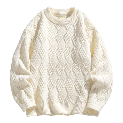 Strickpullover Herren Langarm Pullover Herren Ohne Kapuze Herrenpullover Winter Winterpullover Baumwolle Sweater Grobstrickpullover Beige 3XL von SKFLABOOF