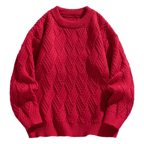 Strickpullover Herren Langarm Winterpullover Herrenpullover Winter Grobstrickpullover Pärchen Pullover Herren Ohne Kapuze Sweater Rot 3XL von SKFLABOOF