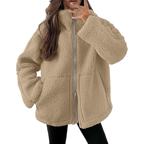 Teddyjacke Damen Warme Doppelschneidiger Samt Jacke Dicke Freizeit Winterjacke Einfarbig Fleecejacke mit Taschen Reißverschluss Wintermantel 2024 Neueste Plüschjacke von SKFLABOOF