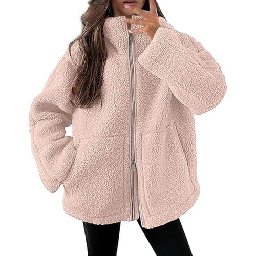 Teddyjacke Damen Winter Teddyfleece Jacke Doppelschieber Reißverschluss Winterjacke Thermal Teddy Wintermantel Einfarbig Revers Fleecejacke Flauschig Plüschjacke Freizeit Outdoor Fleecemantel von SKFLABOOF