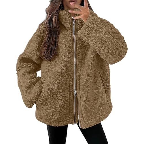 Teddyjacke Damen Winter Teddyfleece Jacke Doppelschieber Reißverschluss Winterjacke Thermal Teddy Wintermantel Einfarbig Revers Fleecejacke Flauschig Plüschjacke Freizeit Outdoor Fleecemantel von SKFLABOOF