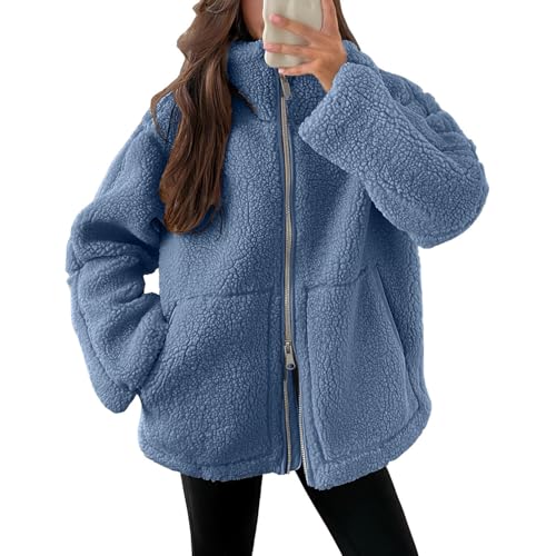 Teddyjacke Damen Winter Teddyfleece Jacke Doppelschieber Reißverschluss Winterjacke Thermal Teddy Wintermantel Einfarbig Revers Fleecejacke Flauschig Plüschjacke Freizeit Outdoor Fleecemantel von SKFLABOOF