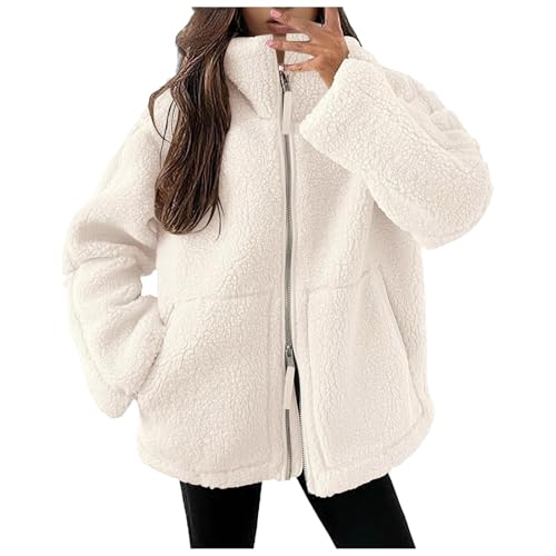 Teddyjacke Damen Winter Teddyfleece Jacke Doppelschieber Reißverschluss Winterjacke Thermal Teddy Wintermantel Einfarbig Revers Fleecejacke Flauschig Plüschjacke Freizeit Outdoor Fleecemantel von SKFLABOOF