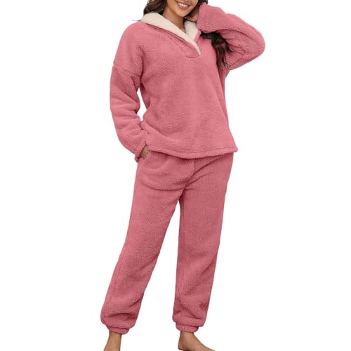 The Deal, Pyjama Damen Flauschig Hausanzug Elegant Flanellpyjamas Winter Fleece Hosen Schlafanzug Warm Outfit Kuschelig Rosa, M von SKFLABOOF