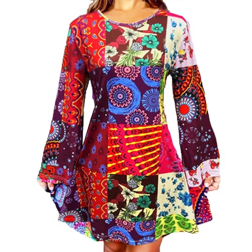 Tunika Damen Langarm Elegant 70er Jahre Outfit 3/4 Arm Shirt Damen Hippie Kleidung Boho Kleidung Casual Rundhals Sweatshirt Damen Blumen Longshirt Orange L von SKFLABOOF