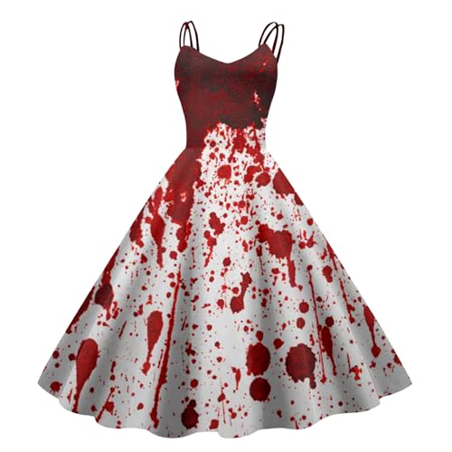 Verrücktes Blut, Halloween Kleid - Horror Rundhals Blutigem Kostüm Damen Gruselig Off Shoulder Blutspritzer Cocktailkleid Ärmellos Kunstblut Kleider Festival Outfit (004d Weiß, XL) von SKFLABOOF