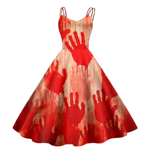 Verrücktes Blut, Halloween Kleid - Vampir Kostüm Festliche Kleider Terrifier Damen Elegant Vampire Dia De Los Muertos Ärmellos Brautkleid Elegante Strapsrock (Beige, S) von SKFLABOOF