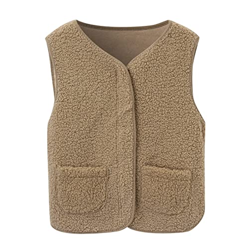 Warehouse Deal, Teddywesten Damen Ärmellose Weste Gilet Fall Fashion Teddyfell Jacke Damenwesten Outdoor Fleece Teddy Khaki, L von SKFLABOOF