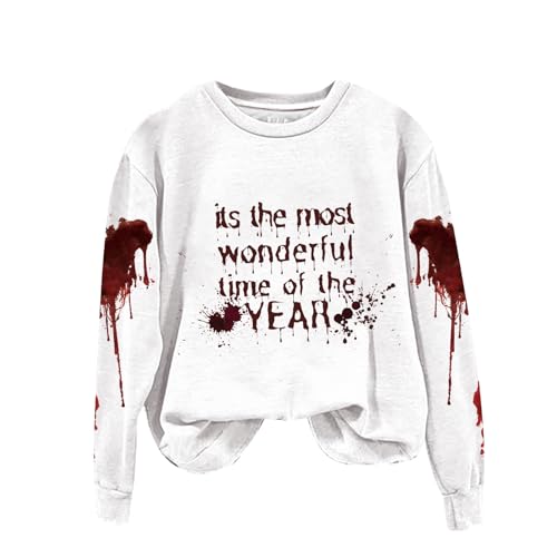 Warehouse Deals Angebote, Halloween Kostüm Damen Gruselig - Pullover Damen Pulli Bloody Streetwear Pullis Damenpullover Langarm Blutiges Sweatshirt ohne Kapuze Weiß, S von SKFLABOOF