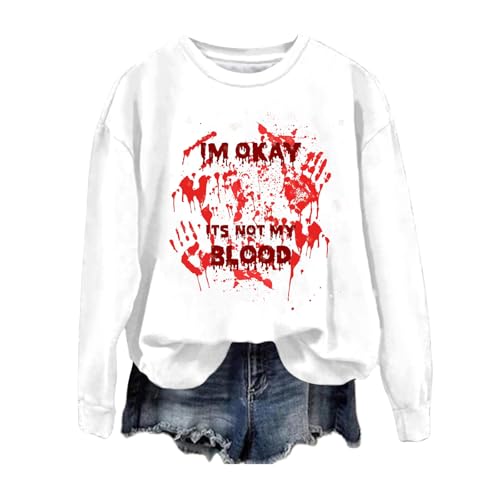 Warehouse Deals Angebote, Halloween Kostüm Damen Gruselig - Pullover Damen Sommer Pulli Print Sweatshirt Kostüm Bloody Langarmshirt ohne Kapuze Weiß, M von SKFLABOOF