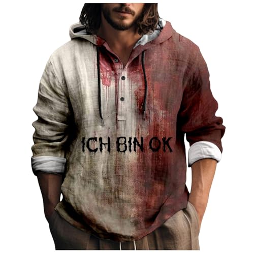 Warehouse Deals Angebote, Halloween Kostüm - Horror Tshirt Baumwolle Henley Button Blutiges Leinenhemd Musselin Langarm Langarmshirt Herrenhemden mit Kapuze Leinen Hemd Herren Gruselig 004j Rot, 3XL von SKFLABOOF