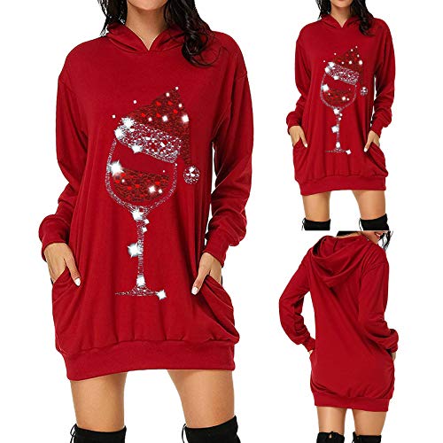 Warehouse Deals Angebote, Kleid Damen Weihnachten Weihnachtspullover Lustig Hoodie Lang Christmas Jumper Weihnachtspulli Pullover Rot, XXL von SKFLABOOF