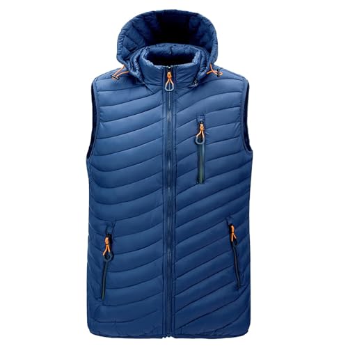 Weihnachten Sale, Ärmellose Weste Herren Outdoor Steppweste mit Kapuze Kapuzenweste Softshell Jacken Vest Collage Jacke Mann Vintage Blau, L von SKFLABOOF