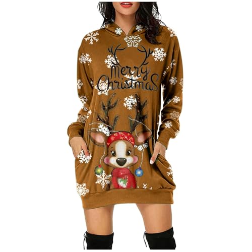 Weihnachten Sale, Weihnachtskleid Damen Weihnachtspullover Hoodie Kleid Lang Weihnachten Lustig Kleidung Long Pullover Winter Weihnachts Coffee, S von SKFLABOOF