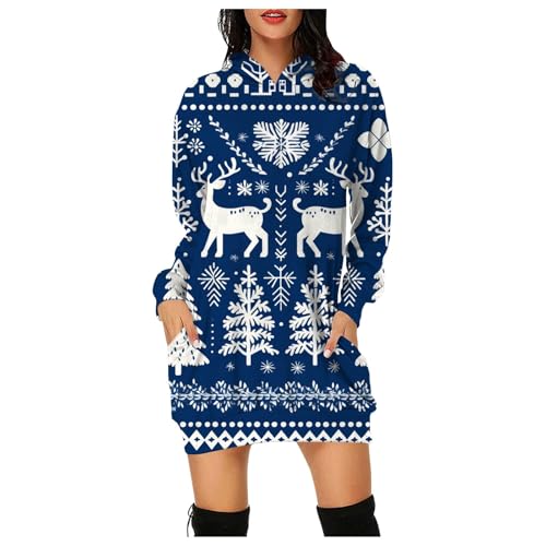 Weihnachten Sale, Weihnachtskleidung Damen Hoodie Kleid Lang Pullover Kleidung Weihnachten Pullikleid Kostüm Weihnachtspulli Lustig Blau, XXL von SKFLABOOF