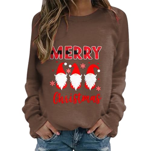 Weihnachten Sale, Weihnachtsoutfit Damen Pullover Sweatshirt Mädchen Italienische Mode Schickes Oberteil Fall Sweater Tunika Langarm Partner Pulli Klamotten Braun, L von SKFLABOOF