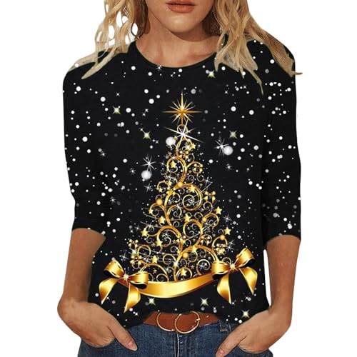 Weihnachts Bluse Damen Shirt 3/4 Arm Weihnachtspullover Shirts Blusenshirt Lustige Tshirt Weihnachten Pullover Schwarz, L von SKFLABOOF