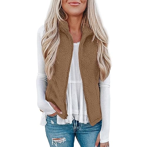 Weste Damen Leicht Elegant Weste Herbstjacke Laufweste Flauschig Reißverschluss Stehkragen Kurze Teddyjacke Jacke Einfarbig Winterjacke Kaffee 4XL von SKFLABOOF