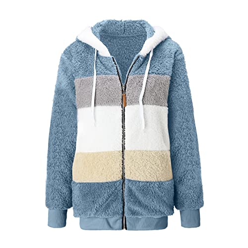 Winterjacke Damen Sale, Fleecejacke Damen Flauschige Fleece Jacke Für Teddyjacke Mit Kapuze Warme Strickjacke Teddyplüsch Hoodie Winter Mantel Frauen Blau, XL von SKFLABOOF