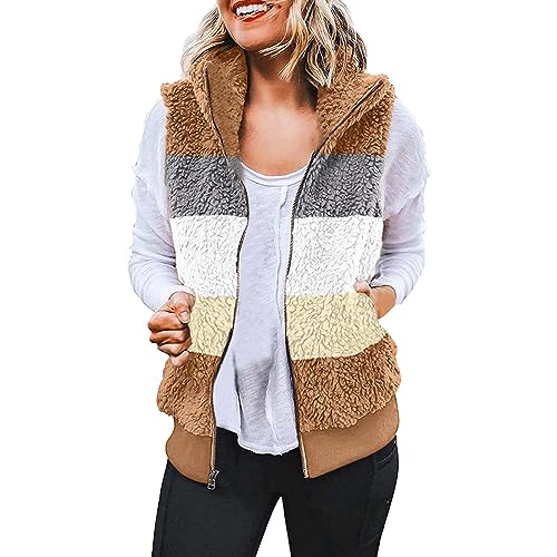 Winterjacke Damen Warm Leicht Steppweste Reißverschluss Herbstjacke Laufweste Ärmellos Stehkragen Flauschig Farbblock Druck Winterjacke Inschubtaschen Jacke Weste Kaffee 3XL von SKFLABOOF