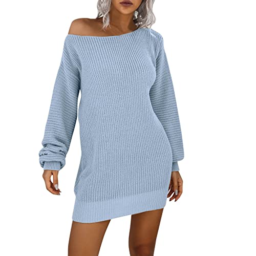 Winterkleid Damen Sexy Festlich Longpullover Herbstkleid Hoodie Kleid Warm Winter Aesthetic Freizeitkleid Pullikleid Minikleid Tunikakleid Hellblau L von SKFLABOOF