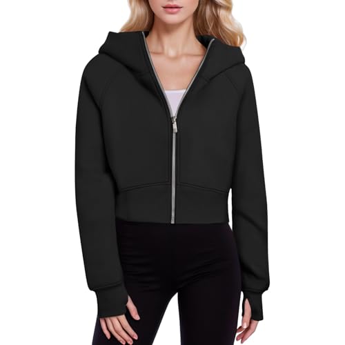 Zipper Hoodie, Sweatjacke Damen - Einfarbig Hoodie Reißverschluss Leicht Pilotenjacke Baggy Essentials Coole Jacket Reitjacke Hoodies Pulli (Schwarz, XL) von SKFLABOOF