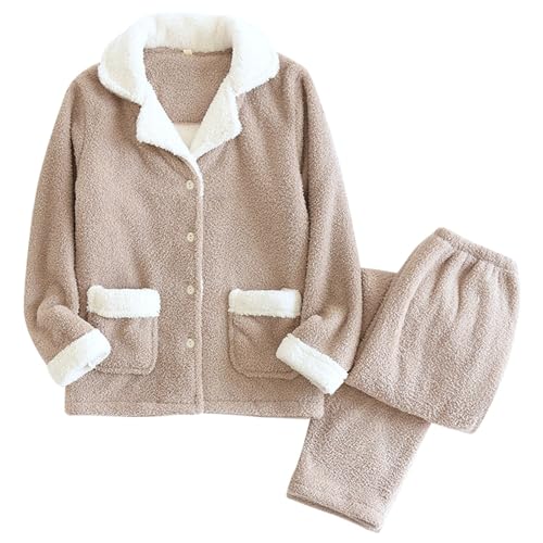 b Ware 2 Wahl, Damen Schlafanzug Winter Pyjama Zweiteiler Outfit Hausanzug Kuschelig Warm Matching Pyjamas Couple Set Flauschig Khaki, L von SKFLABOOF