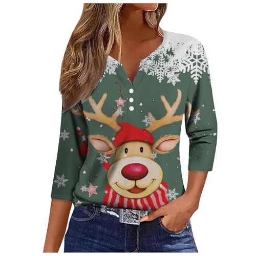 black friday angebote 2097, Weihnachtsshirt Damen V Ausschnitt Christmas Tshirt Lustige 3/4 Arm Weihnachtspullover Pullover Weihnachten 3/4 Ärmel Weihnachtsmann Knöpfen Damen 022a Grün -3, XL von SKFLABOOF