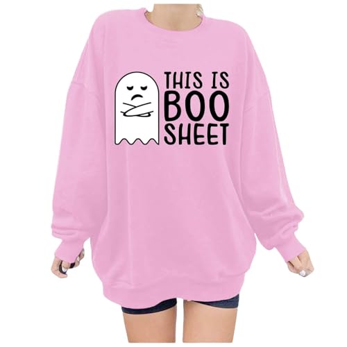 blitzangebote des Tages, Halloween Kostüm Damen Gruselig - Geister Sweater Damen Long Sleeve Langarmshirt Pullis Sweatshirt Oversized Longsleeve Pulli ohne Kapuze Rosa, L von SKFLABOOF