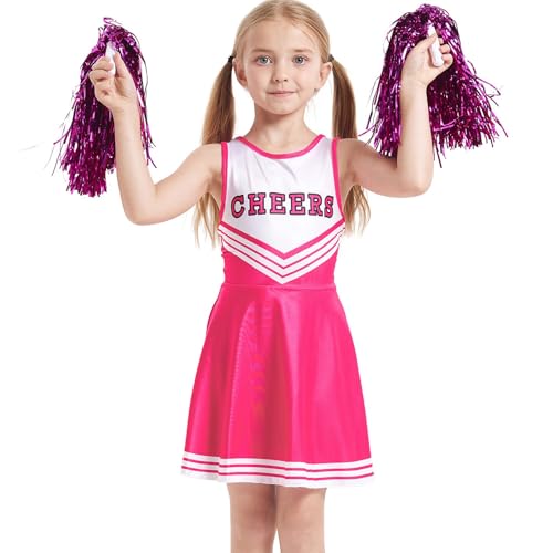 kostüm mädchen Cheerleader, Cheerleader Kostüm Kinder - Ärmellos Ballerina Kostüm Cheerleader Mädchen Kinder Cheer Outfit mit Pompoms Für Karneval Halloween Fasching Rosa von SKFLABOOF