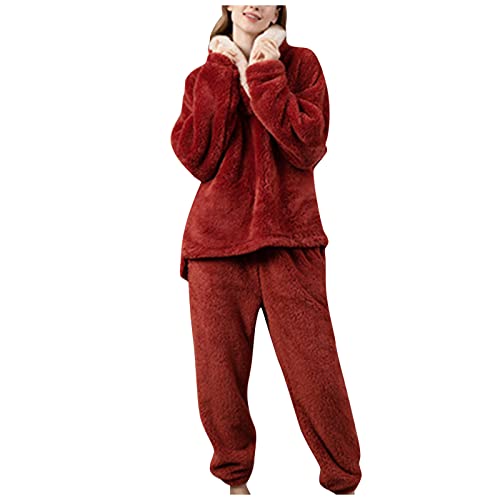 tagesangebote Heute, Fleece Schlafanzug Damen Pyjama Flauschig Schlafanzüge Thermo Kleidung Couple Set Flanell Plüschhose Warm Kuschelig Rot, XXL von SKFLABOOF