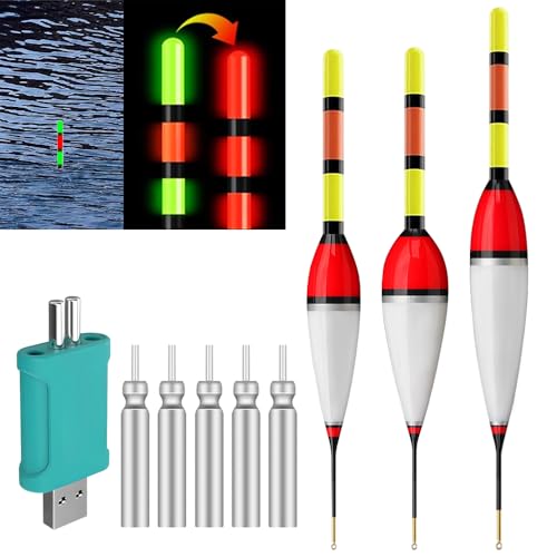 SKIKHN Led Posen Angeln Mit Bissanzeiger,3 Stück Posen Angeln Smart mit Batterie Ladegerät und 5 Stabbatterie, Angelzubehör Set Mit Gravity Sensing Und Metall Basis Kann Tagsüber Und Nachts von SKIKHN