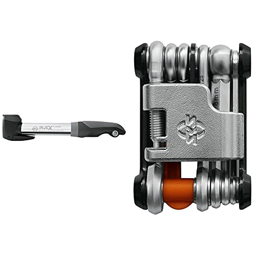 SKS GERMANY INJEX T-Zoom Kompaktpumpe (Aluminium/Zweikomponentenkunststoff), Silber & Tom 18 Mini-Tool Multifunktionswerkzeug Fahrrad mit Neoprentasche und Flaschenöffner, Schwarz/Silber von SKS GERMANY