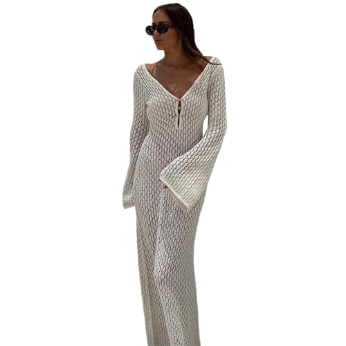 Häkel-Strandkleid, langärmelig, Strickkleid, langes Strandkleid, gehäkelt, ausgehöhlte Schwimm-Ups von SLXLYH