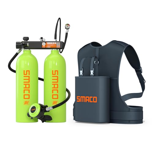 SMACO Mini-Tauchflasche 4L (zusammengebaut aus Zwei 2L Zylindern) für Flachwassertauchen Tragbares Tauchflaschen-Set Unterstützt 30–45 Minuten Atem für Tauchübungen/Angeln/Boot reinigen, Set-A, Grün von SMACO