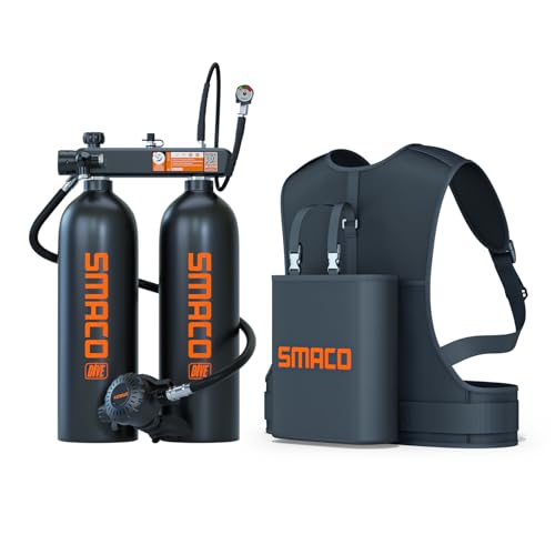 SMACO Mini-Tauchflasche 4L (zusammengebaut aus zwei 2L Zylindern) für Flachwassertauchen Tragbares Tauchflaschen-Set Unterstützt 30–45 Minuten Atem für Tauchübungen/Angeln/Boot reinigen, Set-A,Schwarz von SMACO